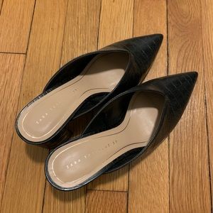 Zara Trafaluc black crocodile pattern mules